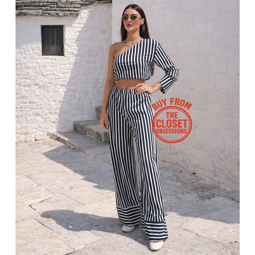Zara NWT Striped Two Piece Set One Shoulder Top Pants M